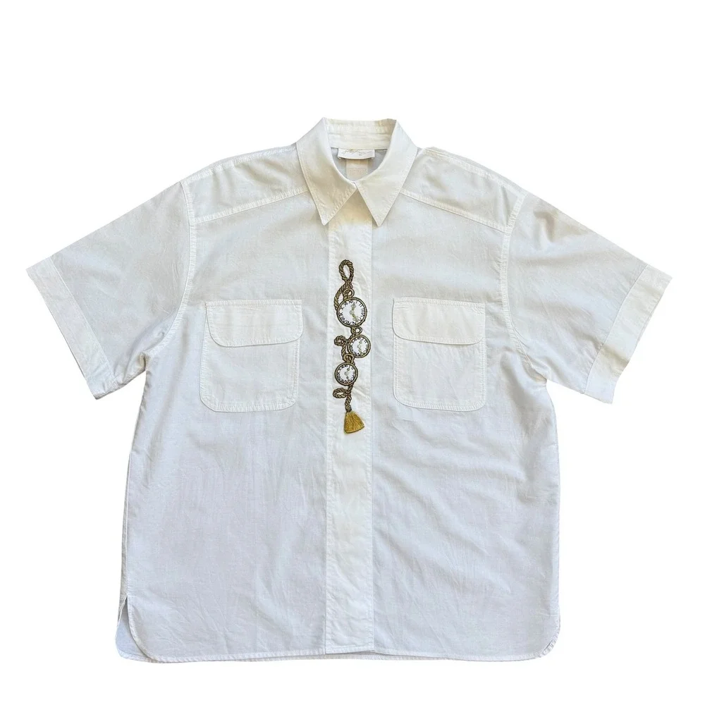 Vintage Gottex‎ White Short Sleeve Button Up Shirt Pocket Watch Embroidery L